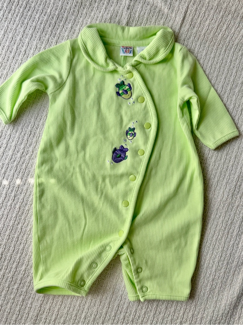 VTG Whimsy Talbots Kids Green Ribbed Cotton Fish Embroidered Baby Romper 3M